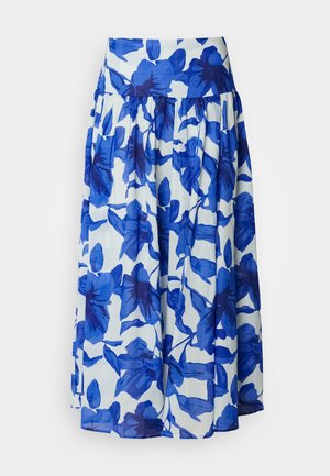 Flared skirt in lightweight fabric with blue floral pattern on a white background, featuring a high waistband and gathered detail.