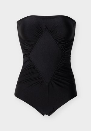 Strapless black one-piece swimsuit with a diamond-shaped panel and ruched sides for a fitted silhouette.