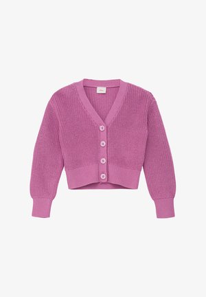 Cardigan en tricot rose avec col en V, longueur cropped, manches longues et fermeture à cinq boutons avec des boutons ronds roses.