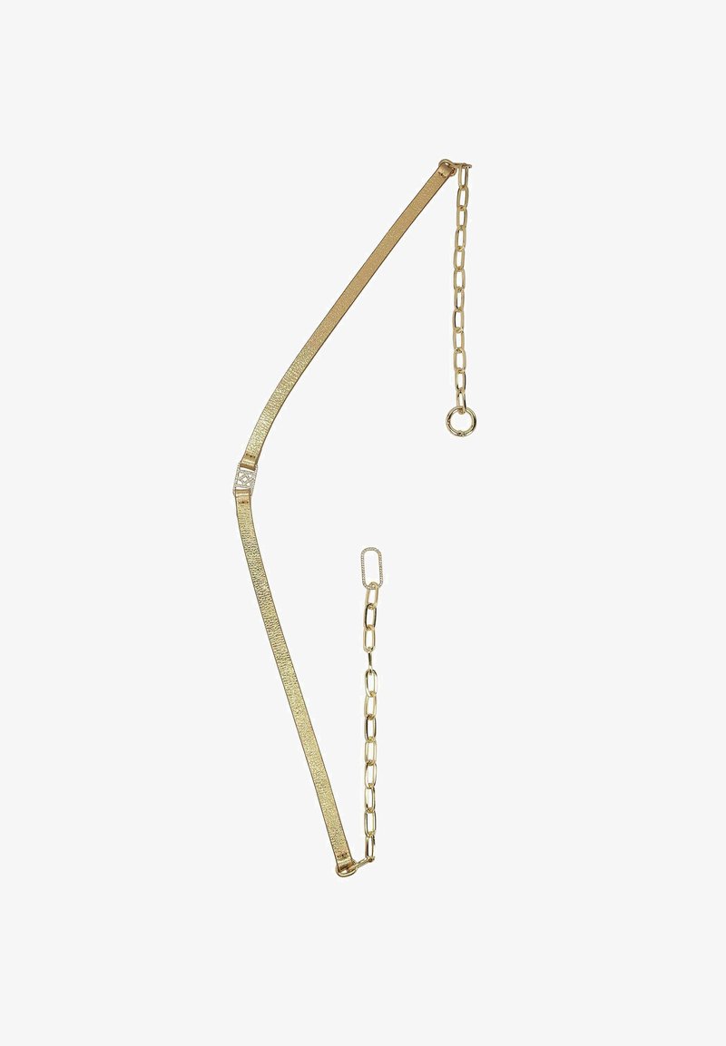 Zelta krāsas ķēdes siksna ar teksturētu ādas elementu, kas aprīkota ar āķa aizdari un apaļu gredzenu vienā galā.