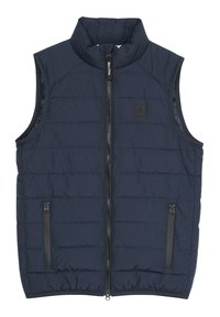 Marineblauer Puffer-Weste mit hohem Kragen, Reißverschluss vorne und zwei Seitentaschen. Hergestellt aus leichtem, gesteppte Stoff mit glatter Textur.