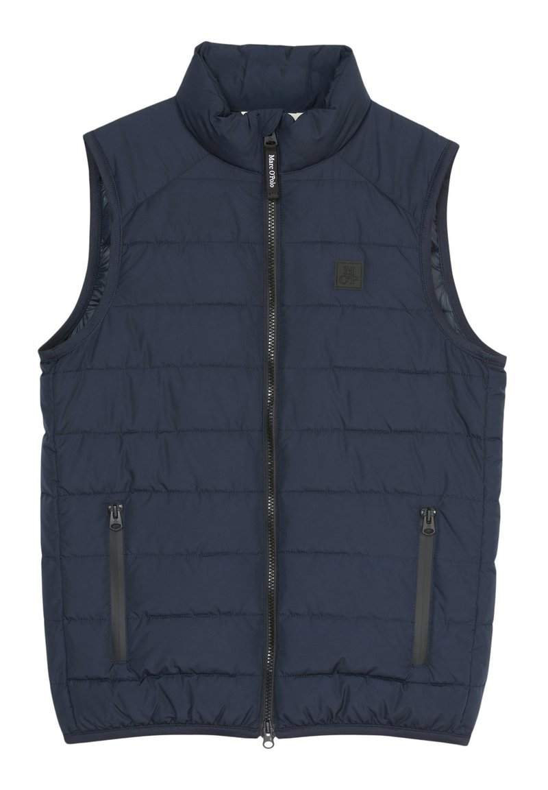 Marineblauer Puffer-Weste mit hohem Kragen, Reißverschluss vorne und zwei Seitentaschen. Hergestellt aus leichtem, gesteppte Stoff mit glatter Textur.
