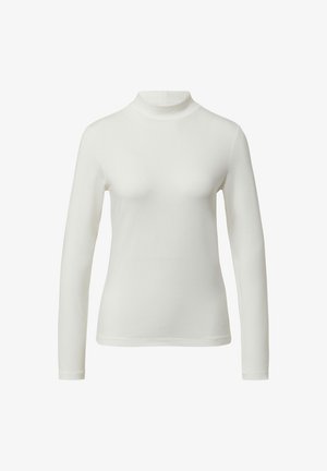 Weißes langärmeliges Rollkragenoberteil in figurbetontem Stil. Weiches, dehnbares Material mit glatter Textur. Minimalistisches Design, keine sichtbaren Muster oder Akzente.