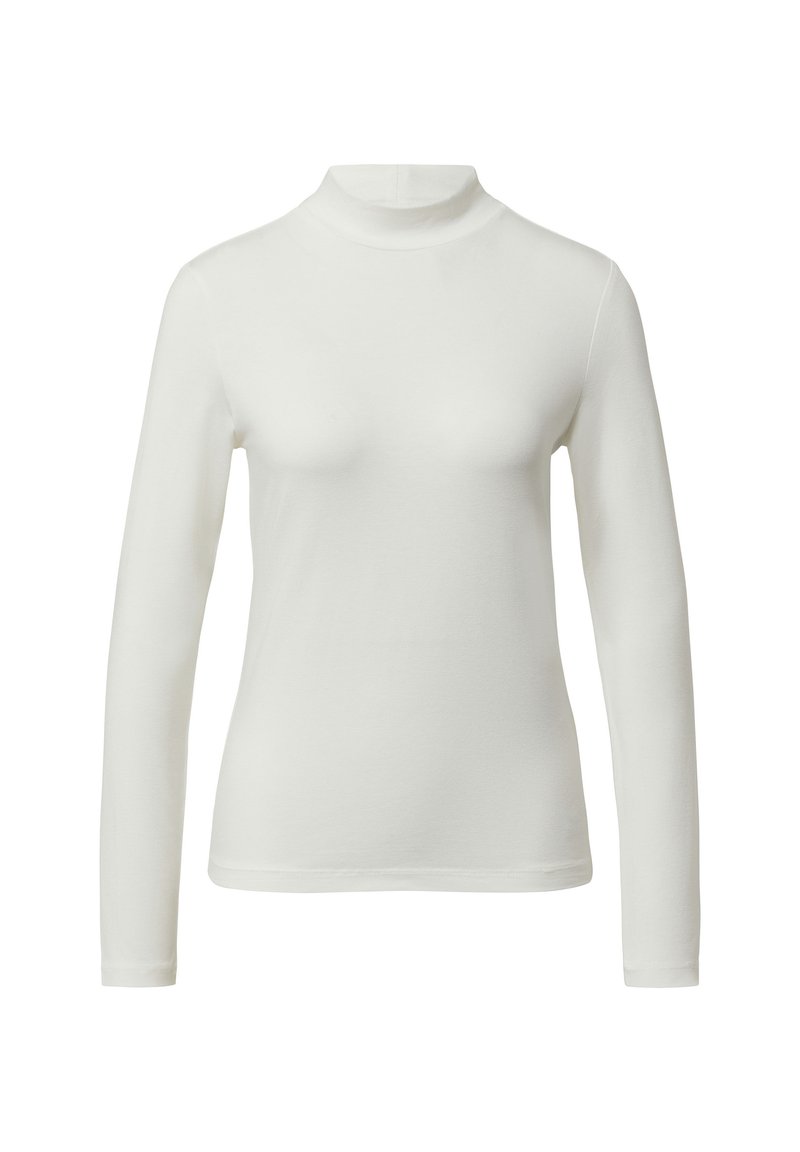 Witte lange mouwen coltrui met een getailleerde stijl. Zacht, rekbaar materiaal en een gladde textuur. Minimalistisch ontwerp, zonder zichtbare patronen of accenten.