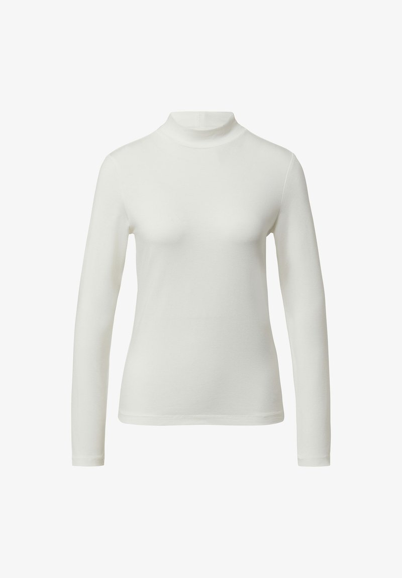 Witte lange mouwen coltrui met een getailleerde stijl. Zacht, rekbaar materiaal en een gladde textuur. Minimalistisch ontwerp, zonder zichtbare patronen of accenten.