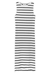 Robe midi sans manches blanche avec des rayures horizontales noires, texture côtelée et col rond, posée à plat sur un fond blanc.