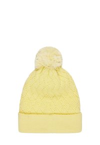Yellow knitted beanie with a textured diamond pattern and a fluffy pompom on top; features a folded cuff at the base.