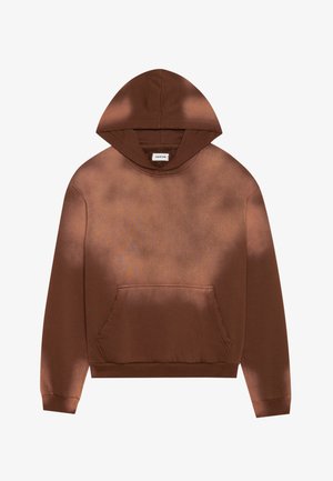 Felpa marrone con superficie testurizzata, dotata di tasca frontale, cappuccio con cordino e polsini a costine. Tessuto liscio con una leggera lucentezza.