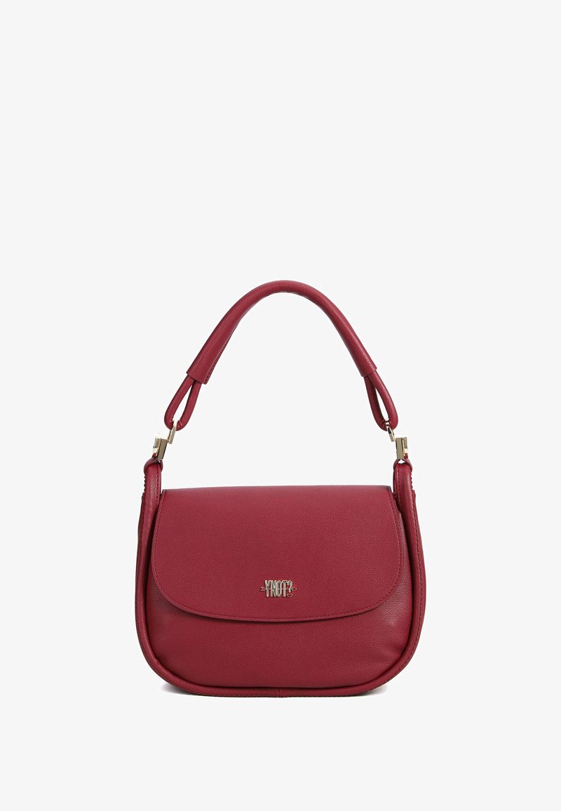 Borsa a tracolla in pelle sintetica rossa con forma arrotondata, chiusura a pattina e manico corto. Presenta un dettaglio del logo in tonalità dorata sul fronte.