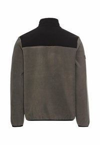 Fleecejacke in Grau mit einem schwarzen oberen Abschnitt, verfügt über einen hohen Kragen, lange Ärmel und elastische Bündchen, glatte Textur mit minimaler Gestaltung.