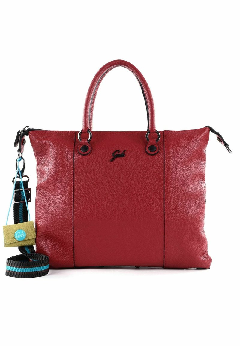 Rode leren totebag met tekstuur, dubbele handgrepen en een afneembare schouderband. Voorzien van zwarte hardware en een logo aan de voorkant.