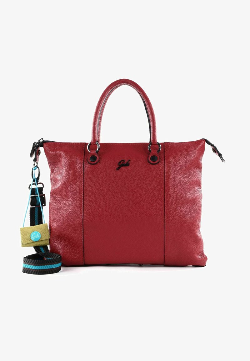 Rode leren totebag met tekstuur, dubbele handgrepen en een afneembare schouderband. Voorzien van zwarte hardware en een logo aan de voorkant.