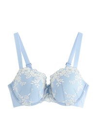 Reggiseno azzurro chiaro con dettagli in pizzo, coppe imbottite, spalline regolabili e chiusura con gancio. Superficie strutturata e accenti con motivo floreale.