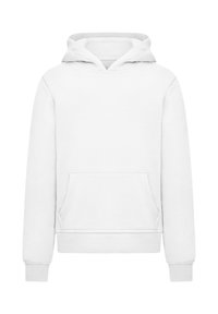 Plain white hooded sweatshirt with front kangaroo pocket and ribbed cuffs and hem, displayed on a white background.