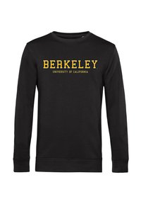 Felpa nera a maniche lunghe con testo giallo che recita "UNIVERSITÀ DEL CALIFORNIA DI BERKELEY" sul petto. Tessuto morbido, vestibilità classica.