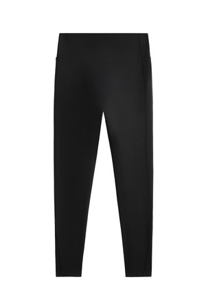 Schwarze Leggings aus einem glatten, dehnbaren Material. Sie haben einen hohen Bund und seitliche Nähte, mit einem enganliegenden Design bis zum Knöchel.