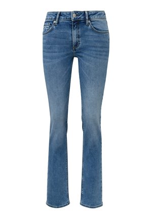 Hellblaue Denim-Jeans mit geradem Beinschnitt, fünf Taschen und Knopfverschluss. Überall verblasste Textur.