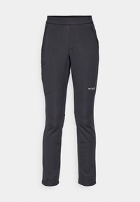 Sorte softshell-bukser med slank passform, elastisk midjebånd, sidelommer med glidelås og stingdetaljer på bena for holdbarhet.