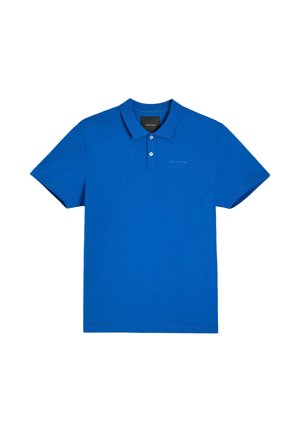 Niebieska koszulka polo z krótkim rękawem, kołnierzykiem i dwoma guzikami, z subtelnym napisem "diverse" na lewej piersi.