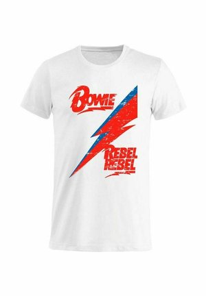 White t-shirt featuring distressed red and blue graphic text "Bowie" and "REBEL" with a lightning bolt design. Short sleeves, round neckline.