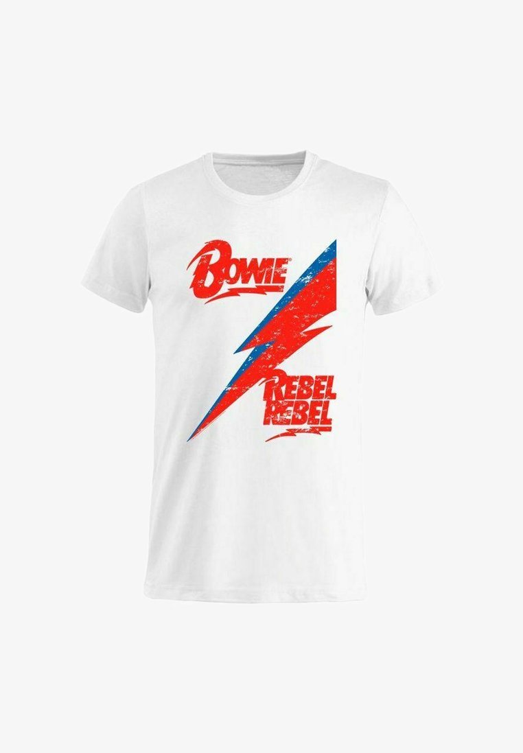 T-shirt blanc avec un texte graphique usé en rouge et bleu "Bowie" et "REBEL" avec un design d'éclair. Manches courtes, encolure ronde.