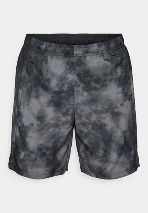 Gray and black athletic shorts featuring a cloud-like pattern, elastic waistband, and side pockets. Fabric appears lightweight and breathable.