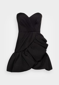 Zwarte strapless jurk met een nauwsluitend lijfje, gedrapeerde details en een uitlopende rok met geplooide textuur aan de zijkant.