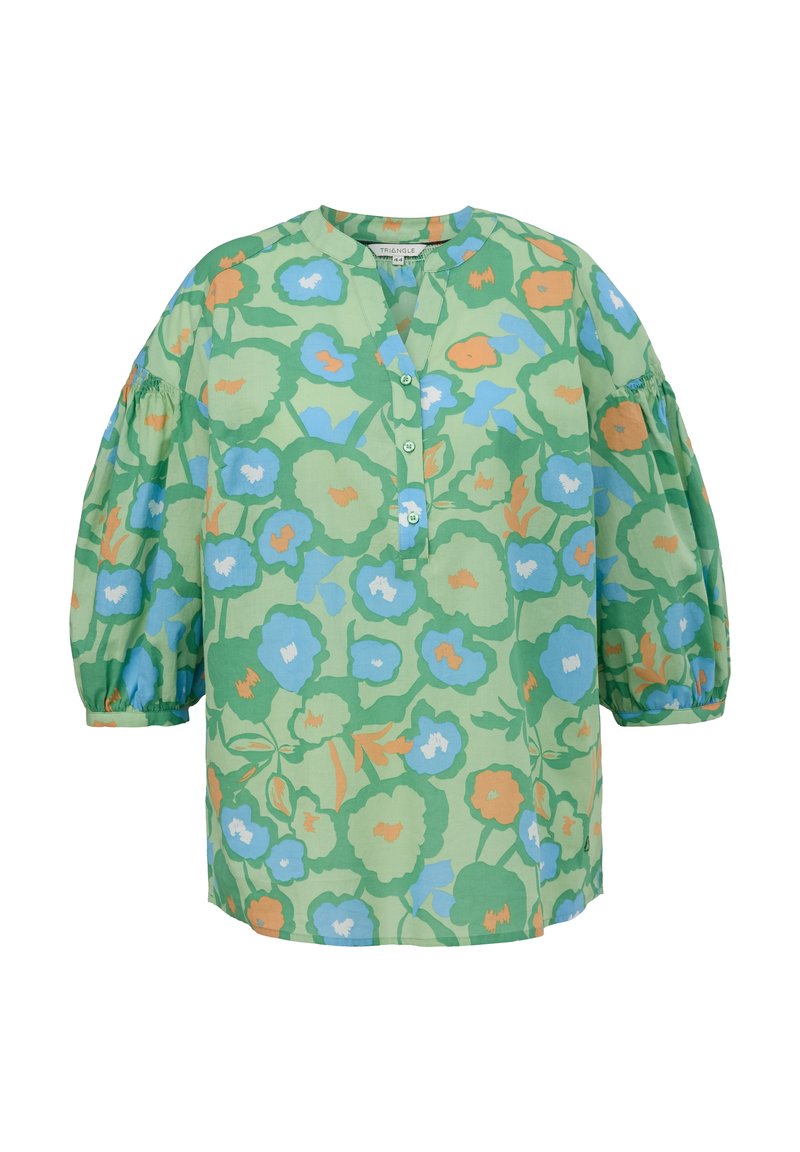 Blusa floreale verde con una chiusura a bottoni, dotata di maniche puff. Il motivo include fiori blu, arancioni e verdi su uno sfondo verde chiaro.