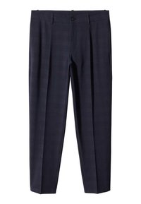 Pantalons à carreaux bleu marine à coupe droite, avec fermeture à bouton et deux poches latérales. Fabriqués dans un tissu lisse avec une texture subtile.