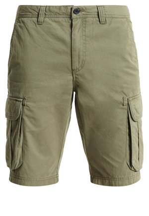 Olive green cargo shorts made of lightweight cotton, featuring two side pockets, a button closure, and stitched detailing.