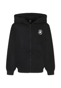 Felpa nera con zip realizzata in misto cotone, con tasca frontale, polsini a coste e un logo circolare bianco sulla parte sinistra del petto.