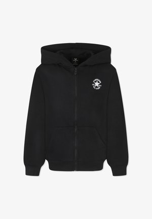 Felpa nera con zip realizzata in misto cotone, con tasca frontale, polsini a coste e un logo circolare bianco sulla parte sinistra del petto.