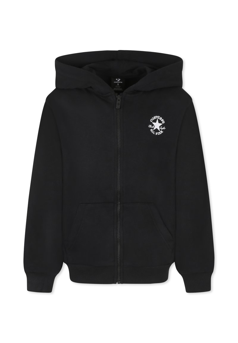 Felpa nera con zip realizzata in misto cotone, con tasca frontale, polsini a coste e un logo circolare bianco sulla parte sinistra del petto.