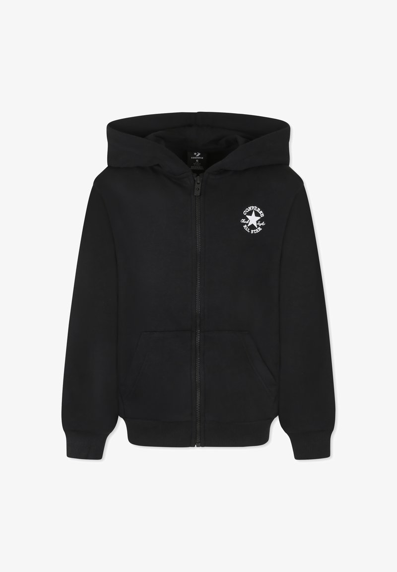 Felpa nera con zip realizzata in misto cotone, con tasca frontale, polsini a coste e un logo circolare bianco sulla parte sinistra del petto.