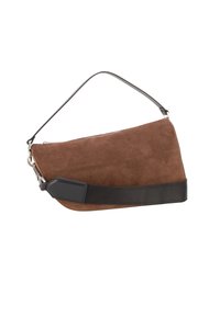 Borsa a tracolla in camoscio marrone con una forma curva unica, caratterizzata da una tracolla in pelle nera e una chiusura con zip. Texture liscia con accenti sottili.