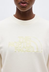 Κοντινό πλάνο ενός ατόμου που φοράει φούτερ εκρού με κίτρινο κεντημένο λογότυπο "THE NORTH FACE" στο στήθος.