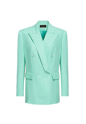 Mint green double-breasted blazer made of linen, featuring notch lapels, two front pockets, and fabric-covered buttons.