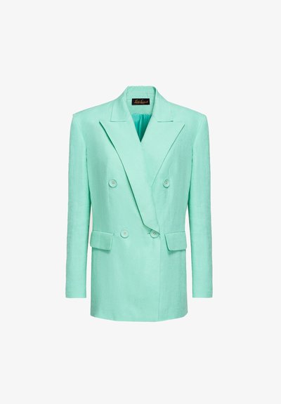 Mėtos žalios spalvos dvigubo užsegimo bleizeris, pagamintas iš lino, su notch tipo apykaklėmis, dviem priekinių kišenėm ir audiniu padengtomis mygtukais.