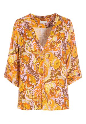 Top aderente con scollatura a V profonda, caratterizzato da un vivace motivo floreale in arancione, giallo e marrone, con maniche a tre quarti.