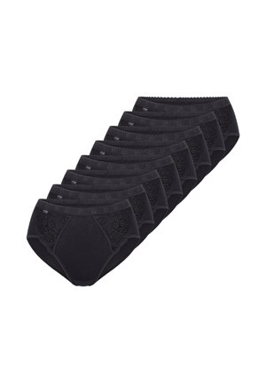 Syv sorte dame høj-talje trusser med blomsterblondepaneler, stablet i en let diagonal række på hvid baggrund.