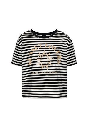 Black and white striped short-sleeve t-shirt featuring a gold graphic of a sun and text "SUNSET LOVERS, COLORS OF THE EVENING."