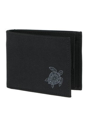 Black bifold wallet with stitched edges featuring a small silver tribal turtle design on the front corner.