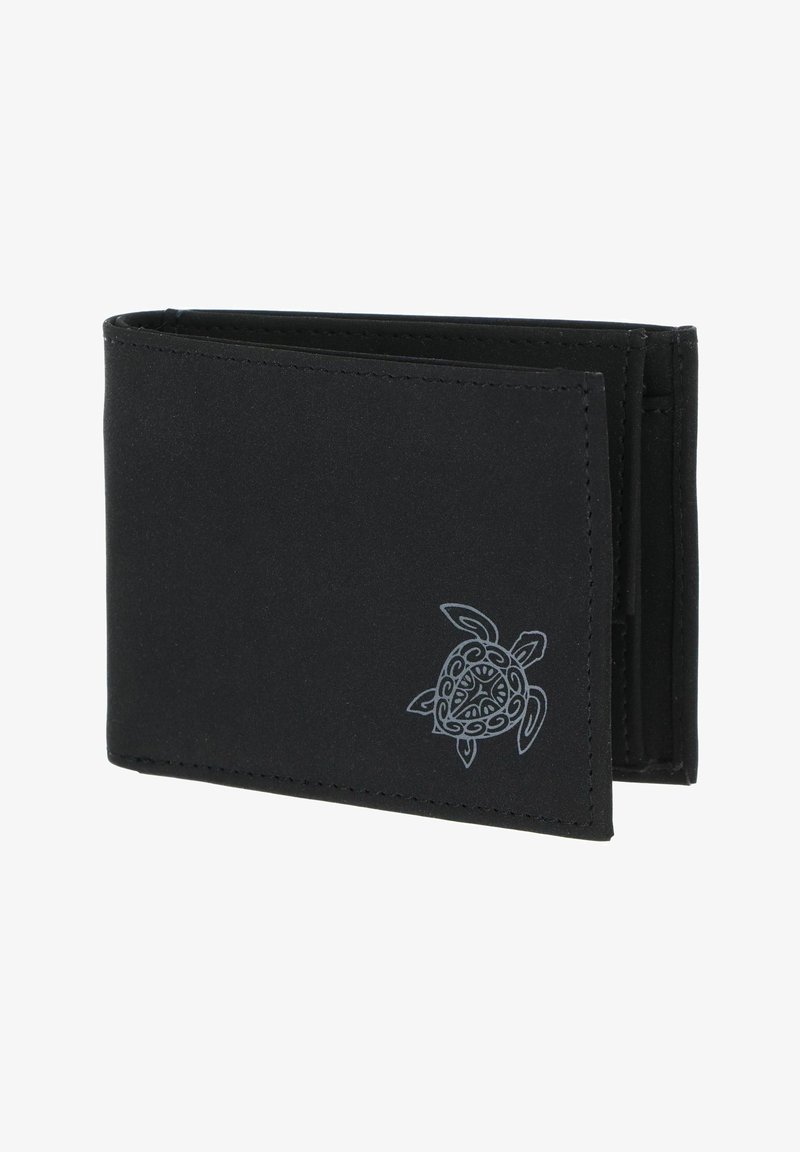 Portefeuille noir bifold avec bords cousus, présentant un petit motif tortue tribale argenté dans le coin avant.