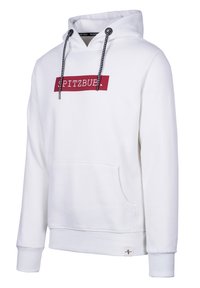 Witte hoodie met een rode rechthoekige grafiek met de tekst "SPITZBUB." Beschikt over een capuchon met trekkoord, een voorzak en ribgebreide manchetten. Zachte stof textuur.