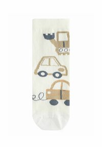 Chaussette couleur crème avec des motifs de voitures en beige et gris. Matériau en tricot doux avec véhicules illustrés et surface texturée.