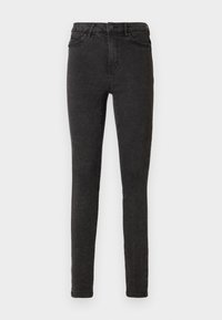Svarte skinny jeans laget av denim, med høy midje, fem lommer og subtil tekstur. Maskinvaskbare med glidelåsåpning.