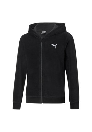 Czarna kurtka na zamek z kapturem i długimi rękawami, z białym logo Puma na lewej piersi, wykonana z miękkiego materiału.