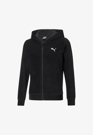 Veste noire à capuche zippée, manches longues, avec logo Puma blanc sur le côté gauche de la poitrine, en tissu doux.