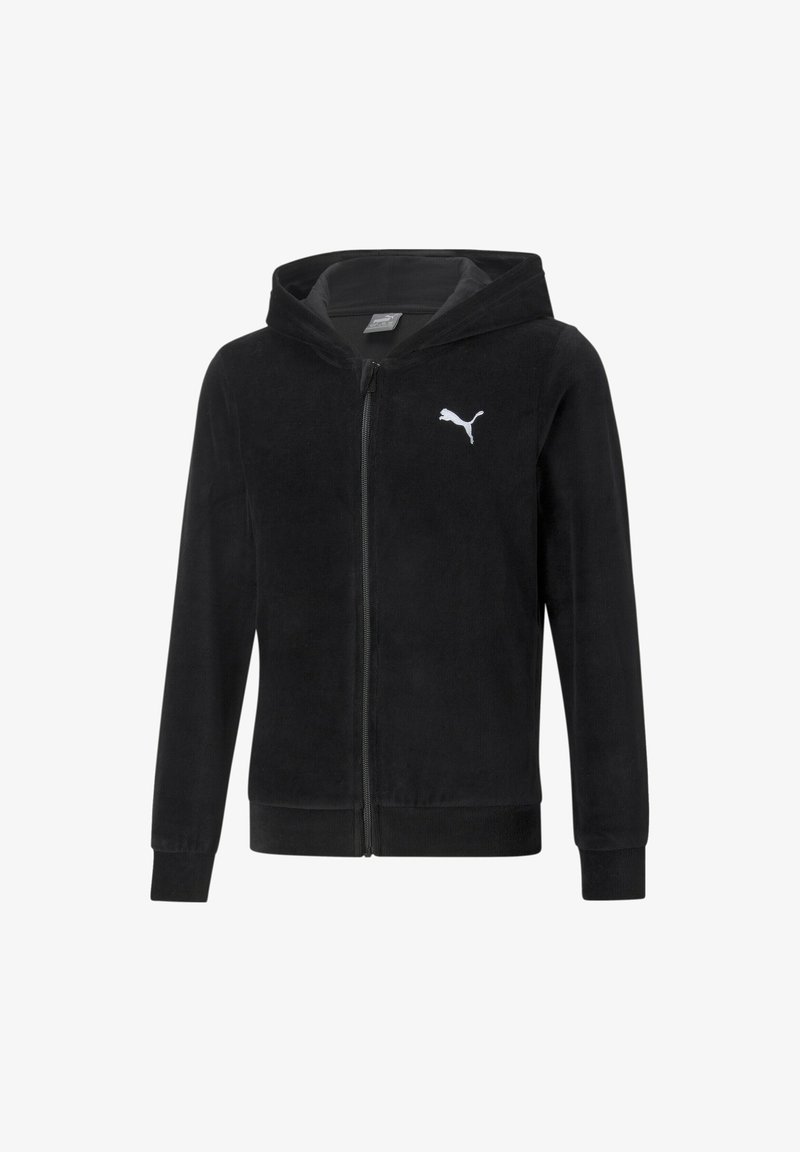 Veste noire à capuche zippée, manches longues, avec logo Puma blanc sur le côté gauche de la poitrine, en tissu doux.
