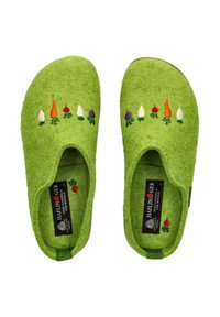 Green felt house slippers with a soft texture, featuring colorful vegetable embroidery across the front. Slip-on design, wool material.